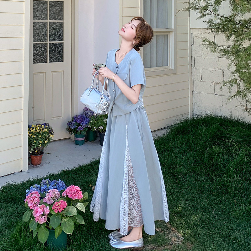 实拍蓝色独特精致套装女2