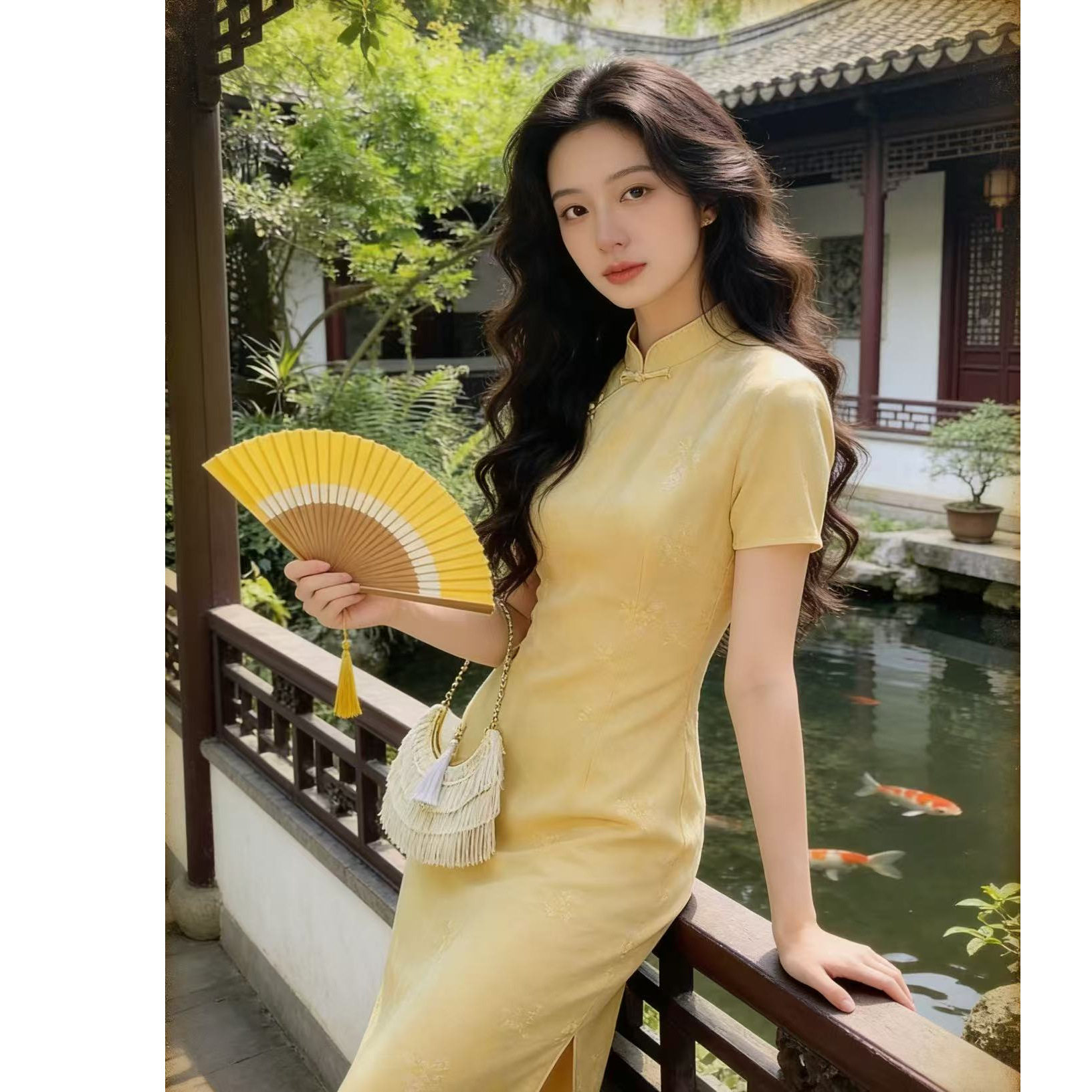 法式气质黄色旗袍长裙夏季大码胖mm新中式订婚日常穿碎花连衣裙女