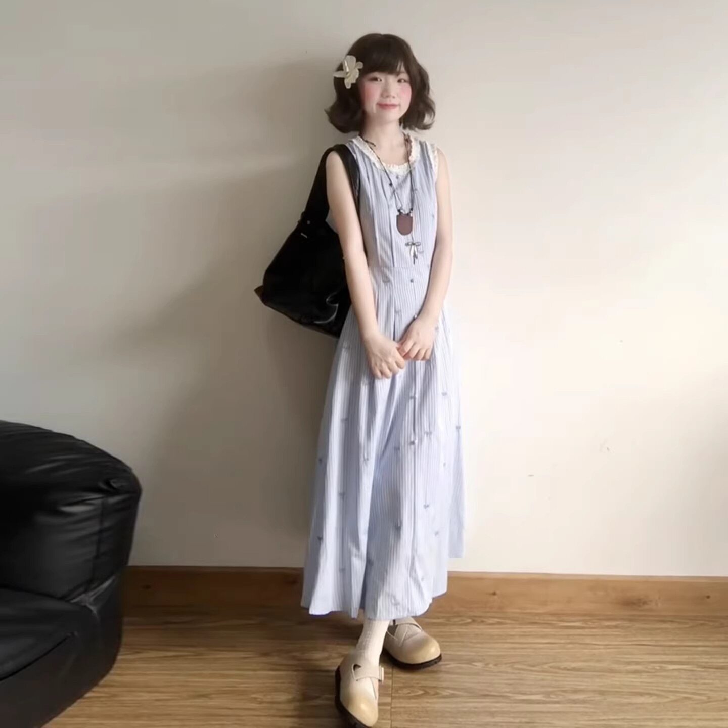 法式蓝色条纹无袖吊带背