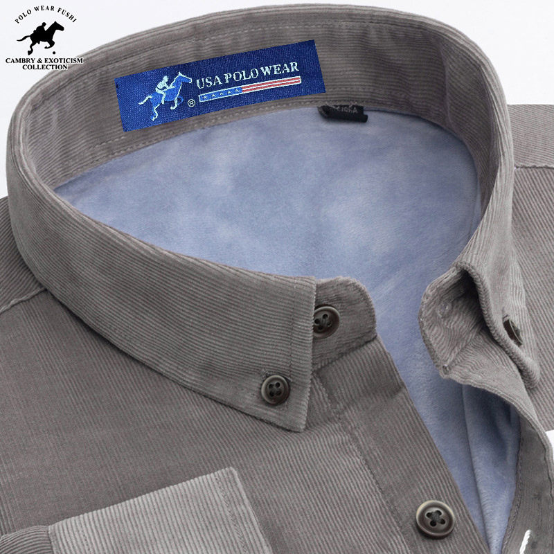 犸球保罗男士保暖衬衫2025年冬季新款灰色灯芯绒加绒加厚全棉衬衣