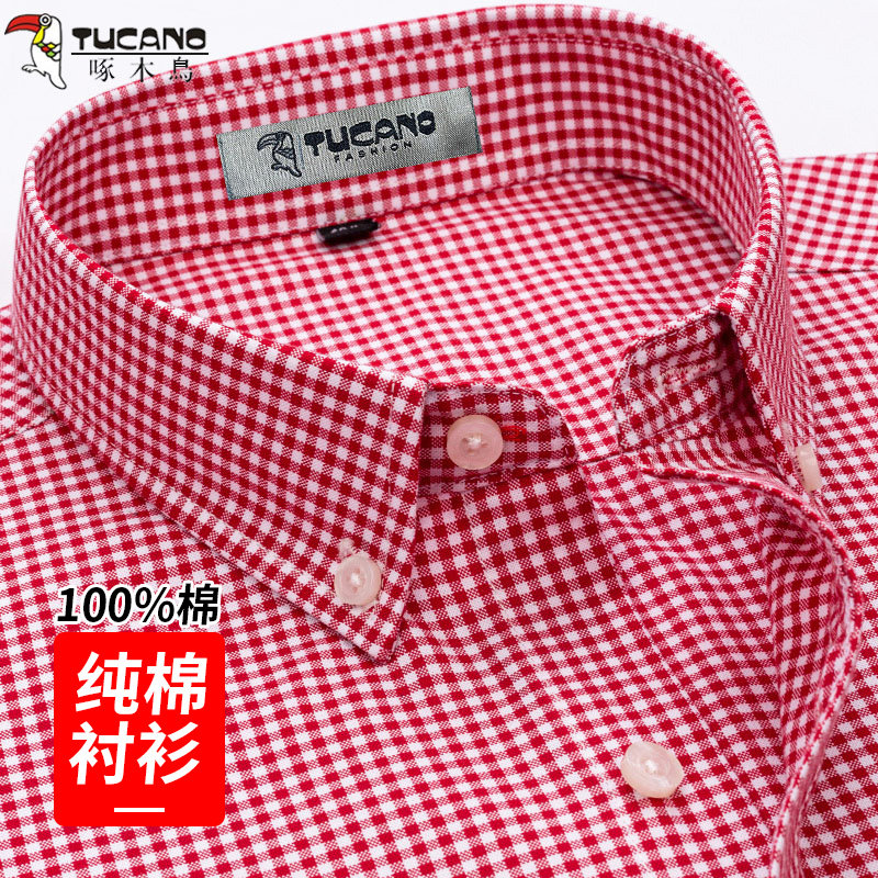 啄木鸟红色格子衬衫男长袖纯棉2026春款中青年男士休闲宽松寸衬衣