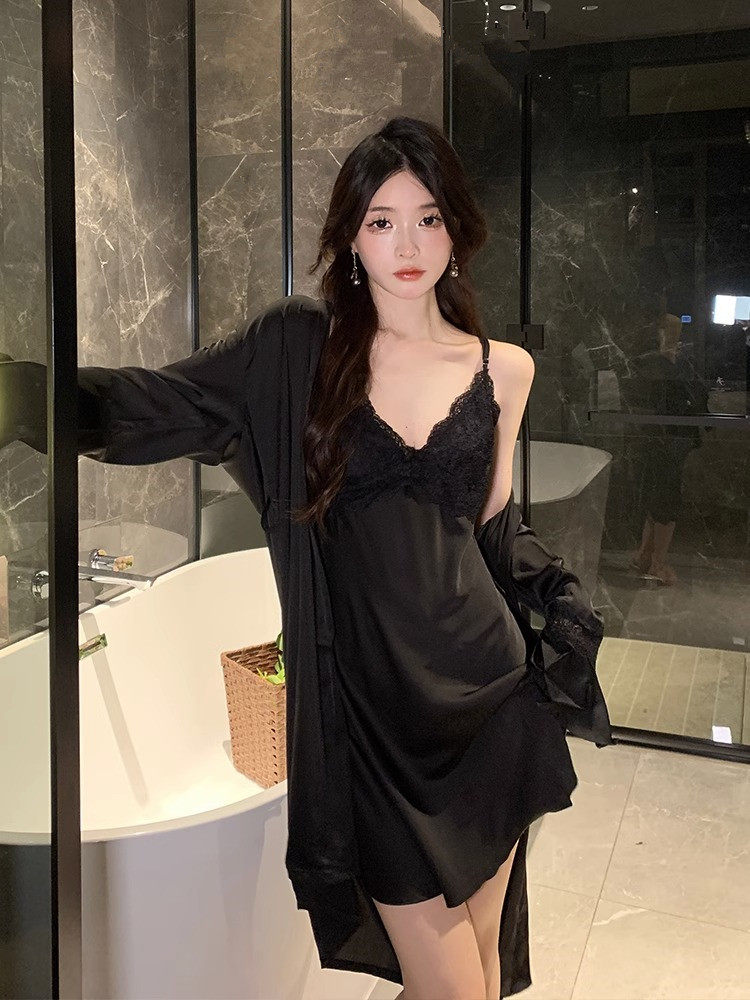 夏季性感真丝睡衣带胸垫两件套