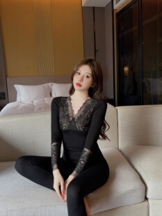 37度发热保暖内衣女套装紧身美体V领蕾丝性感秋衣秋裤打底棉毛衫