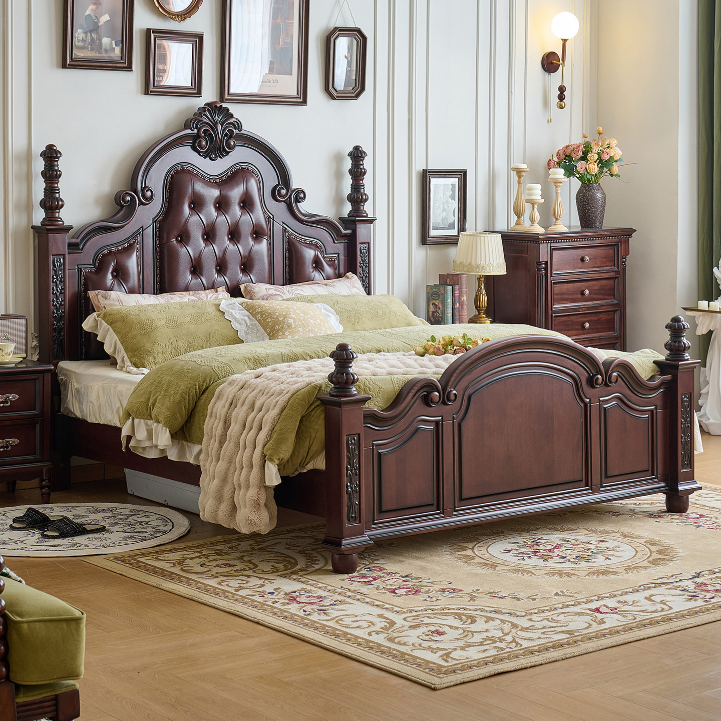 木居盛美式乡村复古实木床全实木胡桃木头层油蜡皮1.8m法式床