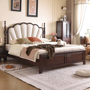 法式中古风床纳帕真皮床黑胡桃木实木美式复古绒布软包实木床