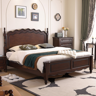 木居盛法式复古实木床1.8米主卧双人床黑胡桃色实木双人床