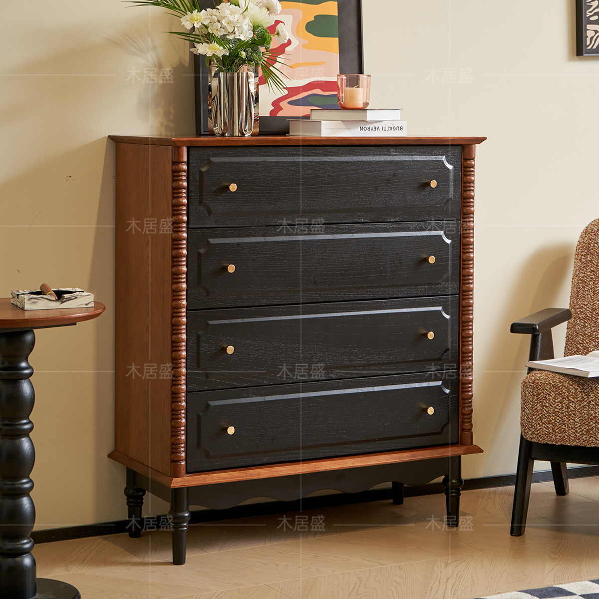 法式中古风红橡木四斗柜卧室小户型收纳储物柜床尾置物柜玄关柜