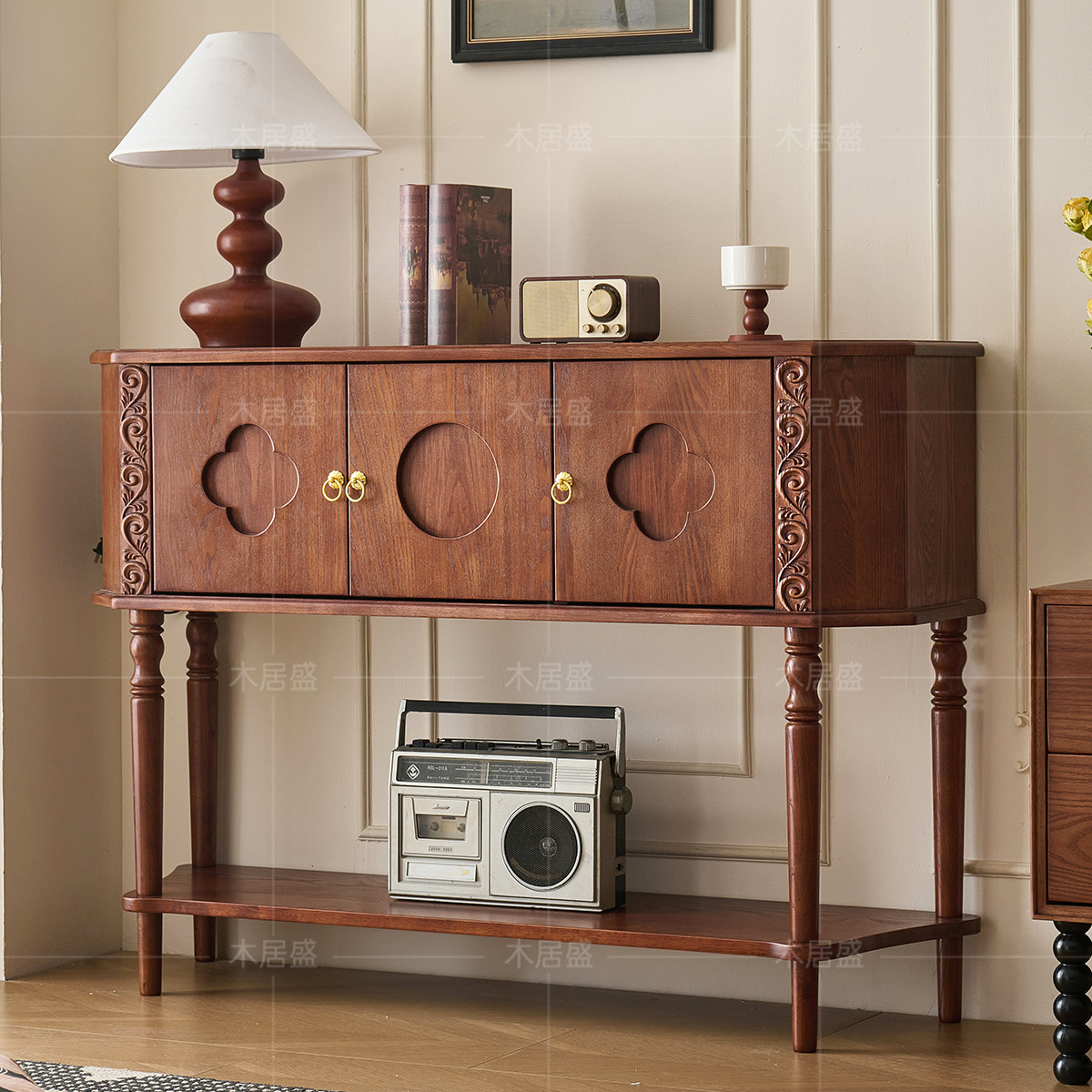 法式复古红橡木玄关柜客厅餐厅酒店超薄边桌中古风香云纱储物柜子