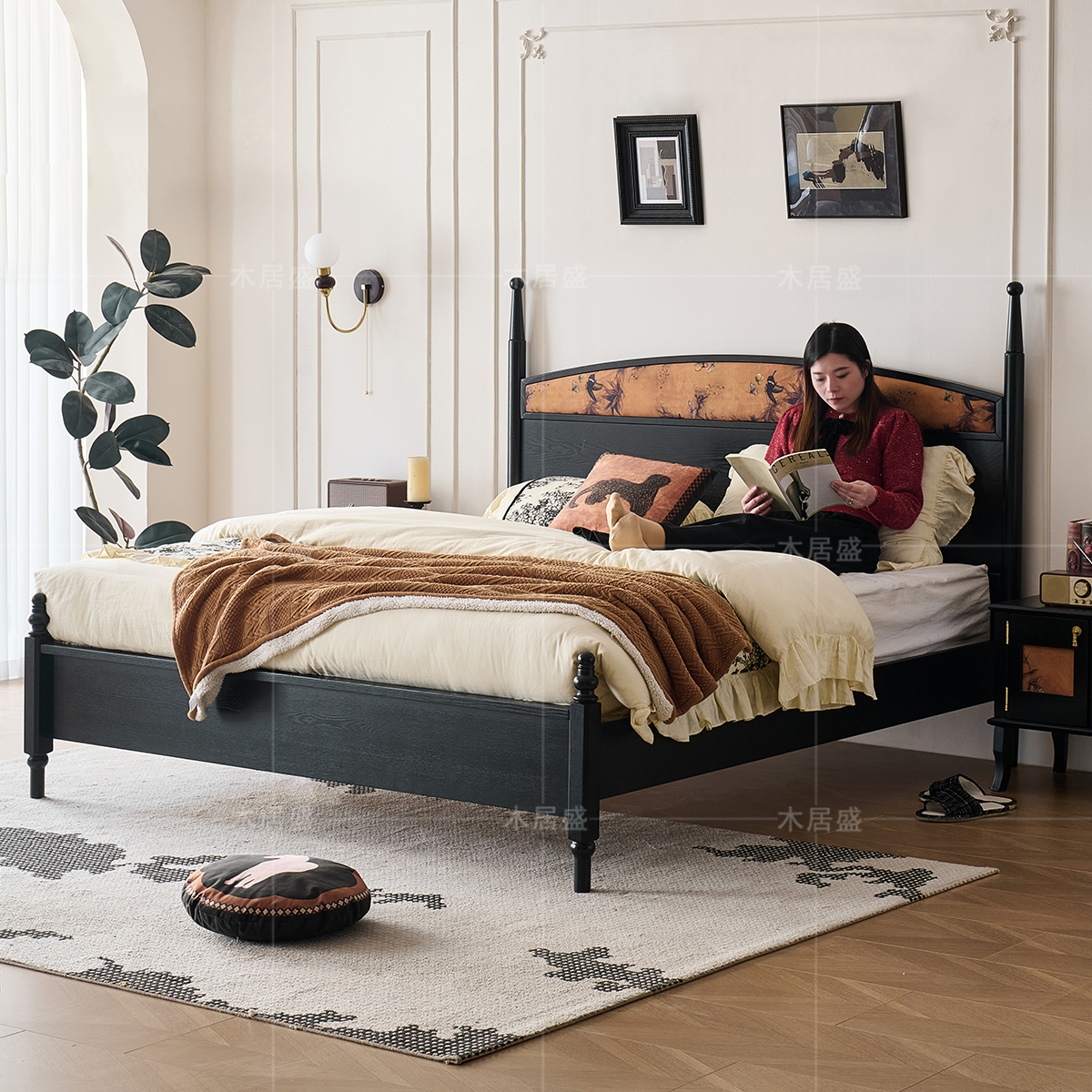 法式复古风香云纱黑色红橡木双人床1.5M卧室小户型中古实木1.8M床