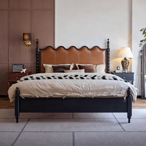 法式复古双人实木真皮软包床中古