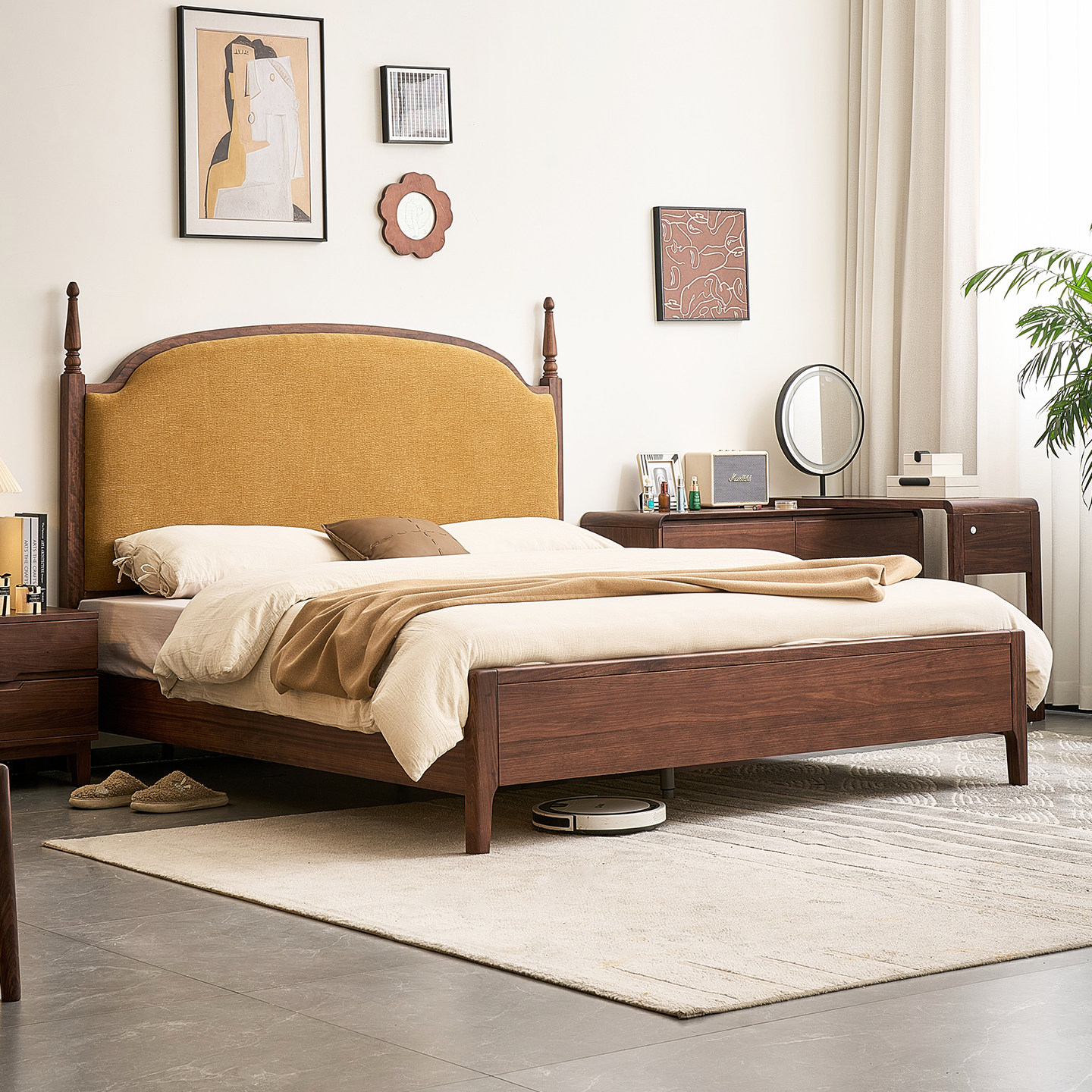 木居盛实木床法式复古软靠床布艺床双人床卧室家用中古1米8大床