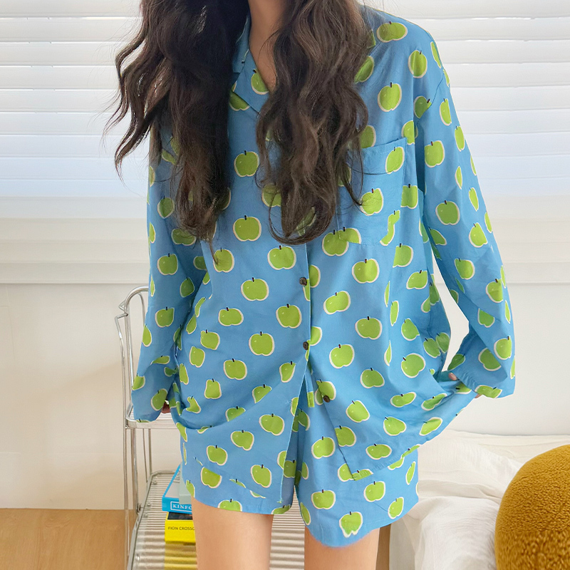 纯棉小清新ins风睡衣青苹果甜美家居服休闲套装宽松家居服可外穿