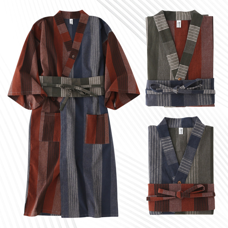 棉麻日式睡衣条纹睡袍复古睡裙男女浴衣春夏家居服长裤情侣两件套