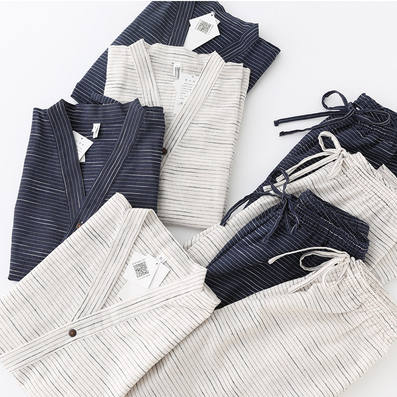 日式睡衣条纹汗蒸汉服大码睡衣情侣浴袍男女和服薄款家居服两件套