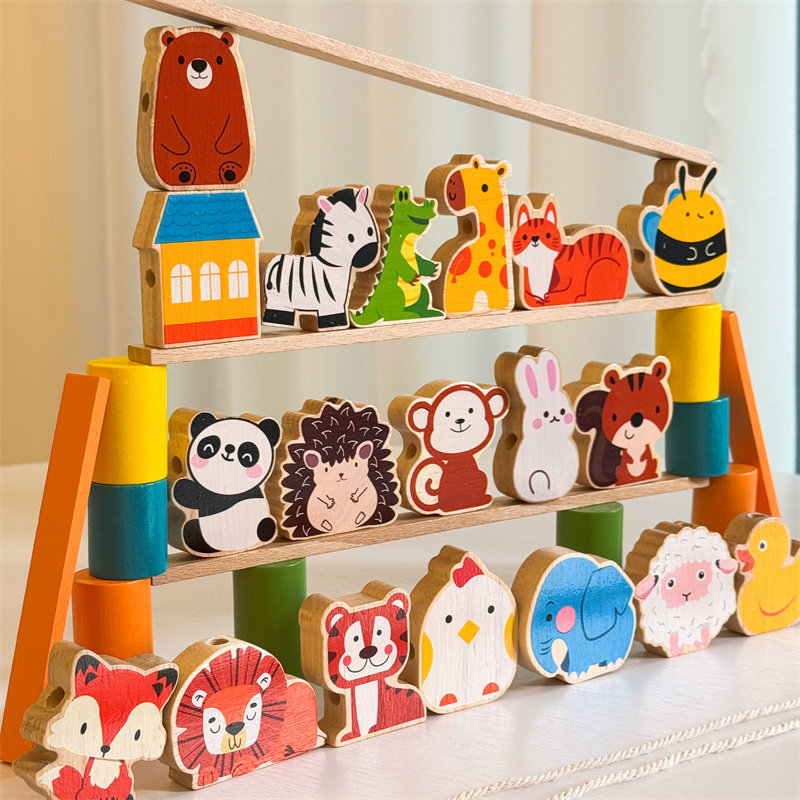 木质叠叠乐桌面游戏串珠子穿线绳手眼协调早教玩具大颗粒实木积木