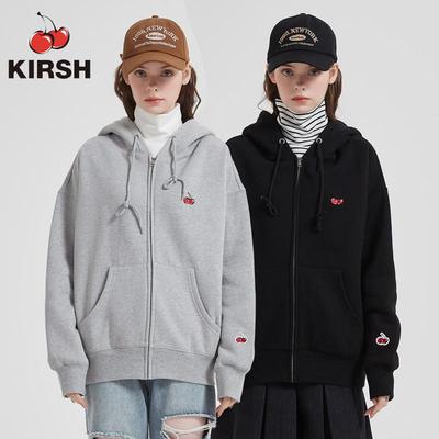 韩国潮牌kirsh樱桃卫衣女学院风宽松拉链开衫连帽纯棉外套春秋款