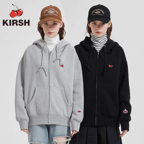韩国潮牌kirsh樱桃卫衣女学院风宽松拉链开衫连帽纯棉外套春秋款