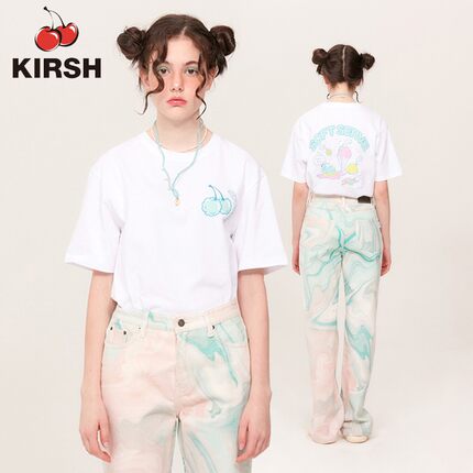 韩国品牌kirsh樱桃短袖T恤女白色纯棉印花圆领上衣夏季韩版学院风
