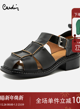 Pierre Cardin/皮尔卡丹女鞋开边珠搭扣罗马鞋真皮舒适透气凉鞋