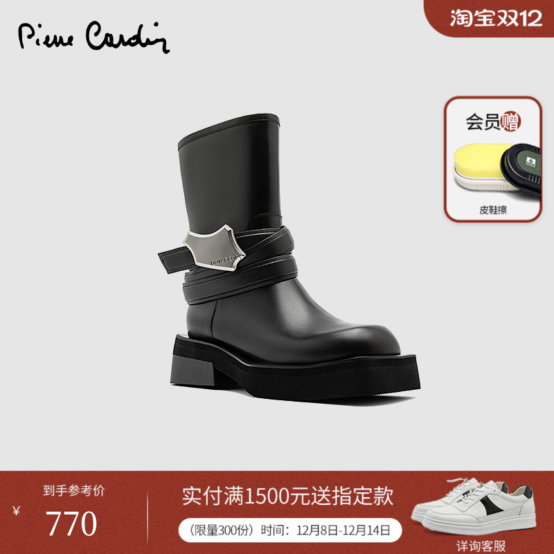 皮尔卡丹高街风金属扣骑士女靴