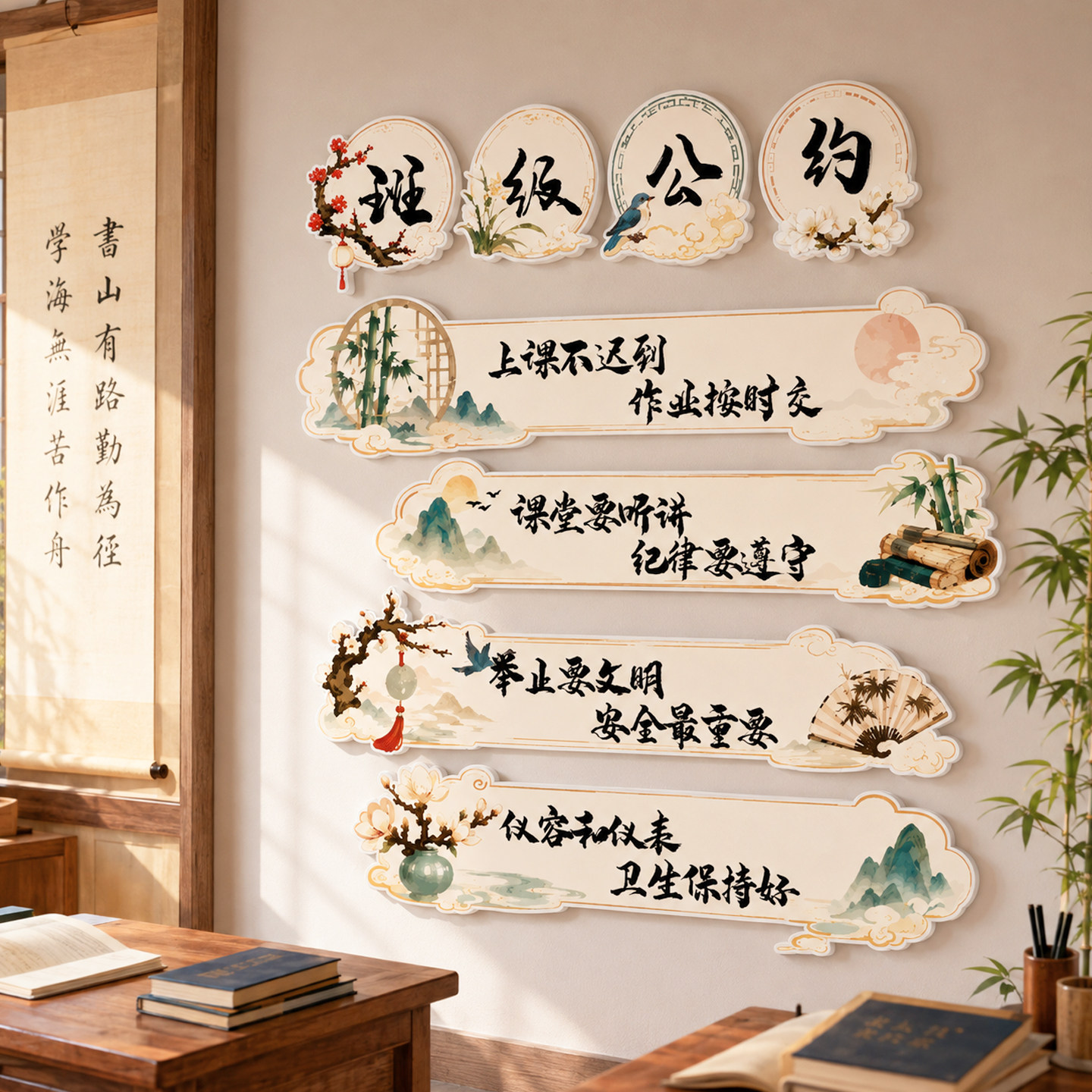 中国古风教室装饰文化墙小学班级公约墙贴托管班教育机构氛围布置