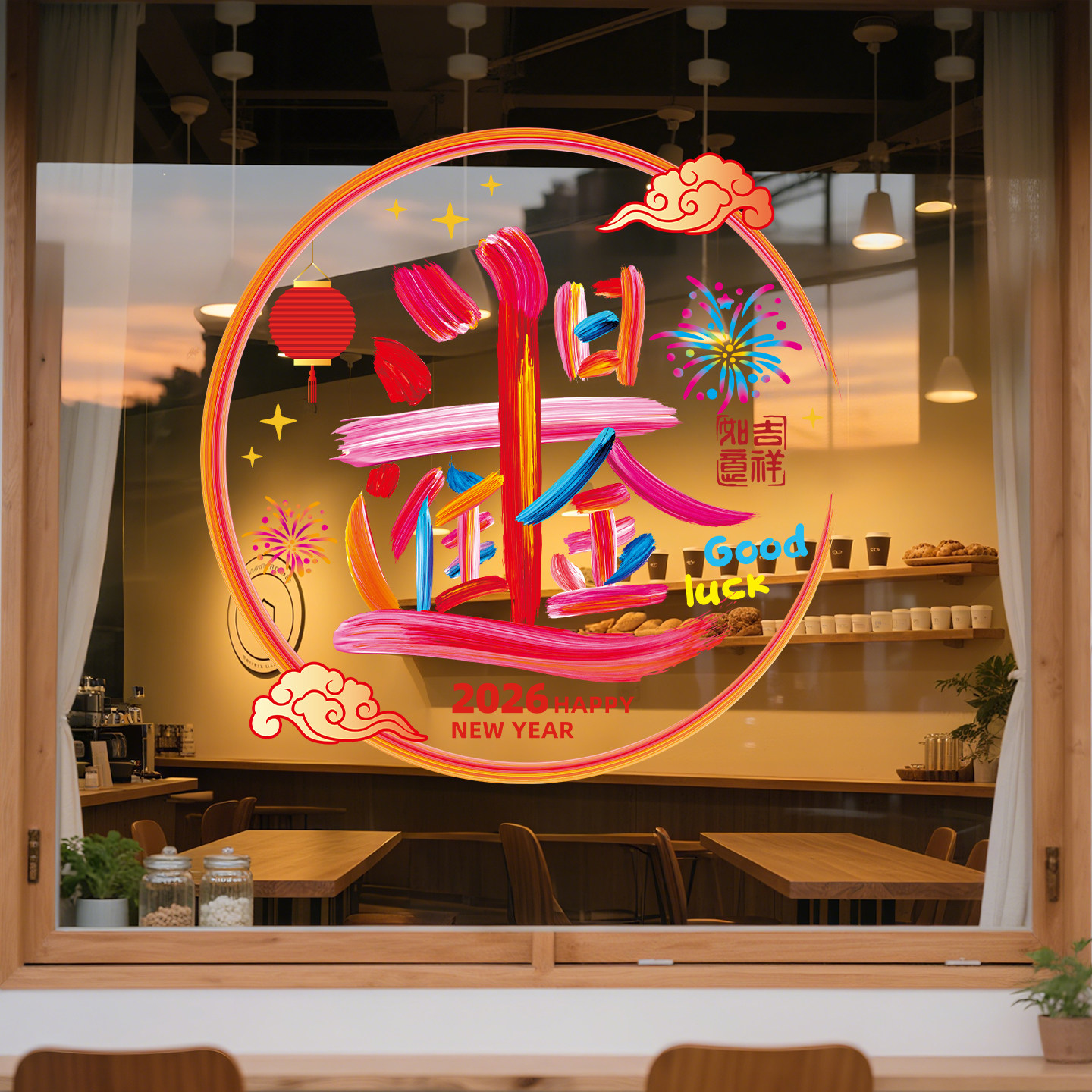2026新年装饰贴纸橱窗窗贴过年氛围布置玻璃门静电贴店铺马年窗花