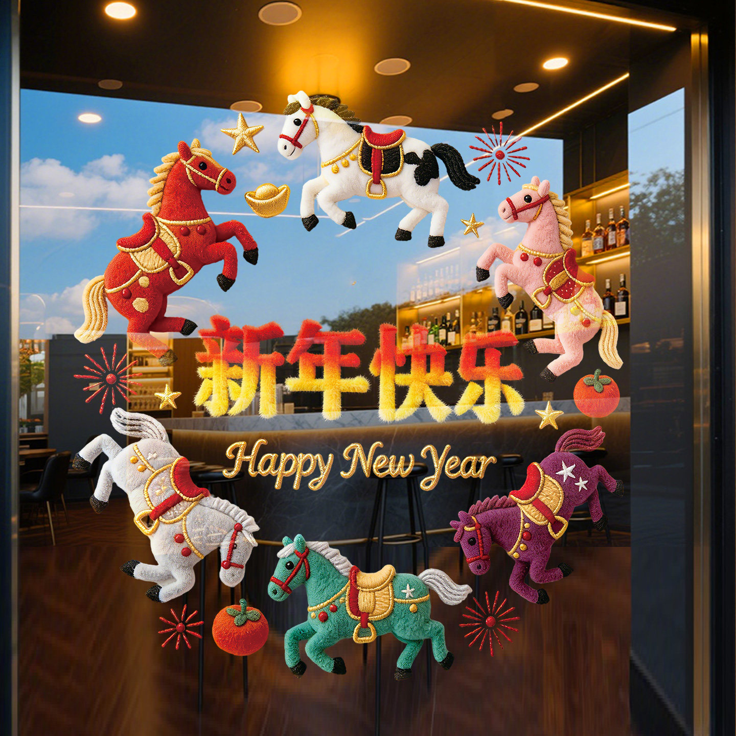 马年窗花新年快乐玻璃门贴纸