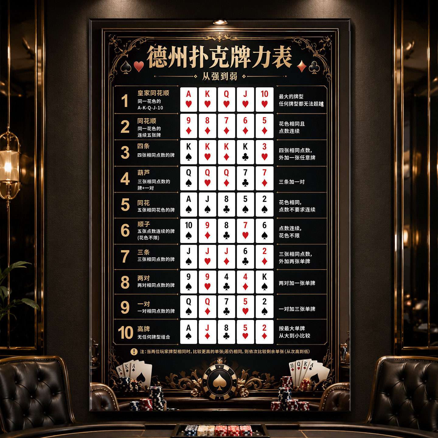 德州扑克牌力表装饰画棋牌室麻将馆禁止赌博德扑酒馆吧俱乐部挂画图片