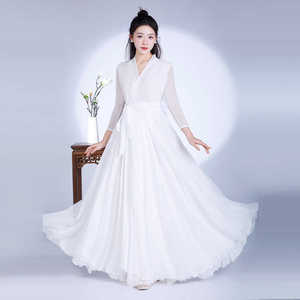 中国风茶艺师汉服领超大裙摆禅舞服连衣裙新款高端仙气飘逸禅舞裙