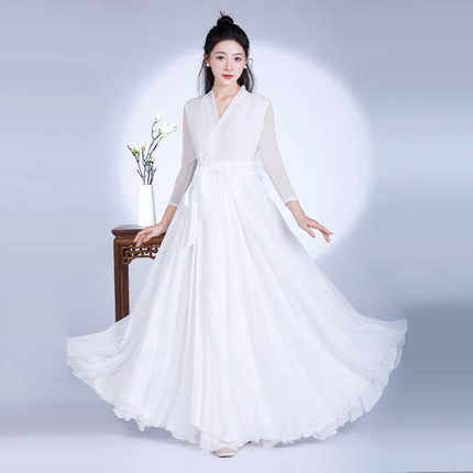 中国风茶艺师汉服领超大裙摆禅舞服连衣裙新款高端仙气飘逸禅舞裙