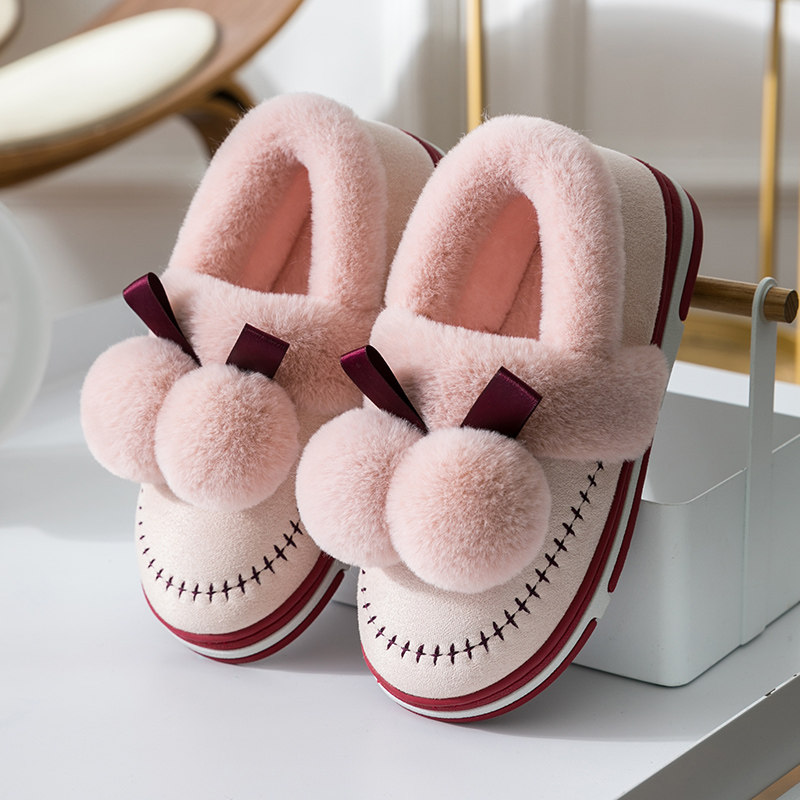 冬季棉鞋女冬加绒加厚一脚蹬防滑保暖短筒蝴蝶结雪地靴女可爱软萌