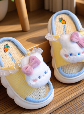 兔子儿童亚麻拖鞋女童2025新款春秋家居宝宝防臭四季女孩棉麻拖鞋