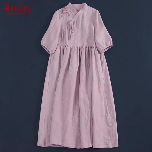 色织亚麻中式刺绣连衣裙