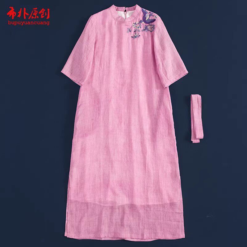 布朴家作2026夏季款文艺绣花苎麻双层中式连衣裙五分袖长款旗袍裙