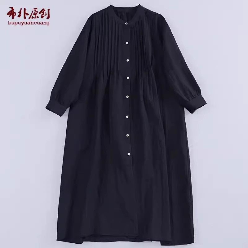 布朴家作2025夏季新款亚麻系褶皱设计感长袖衬衫版连衣裙休闲裙袍