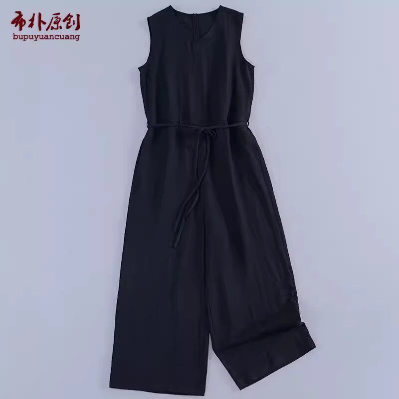 布朴家作女装2026夏季新品亚麻黑V领休闲时尚显瘦无袖长款连体裤