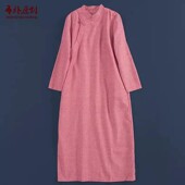 色织棉手工织布连衣裙中式 布朴家作2026春季 新款 改良盘扣旗袍长裙