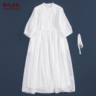 连衣裙白色复古系双层不透 苎麻绣花国风长款 布朴家作2026夏季 新款