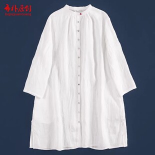 宽松衬衫 布朴壹旧2026夏款 21支超细纯亚麻轻薄白色圆领撞色扣中款