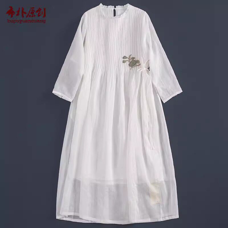 布朴家作2026夏季款女装柔软亲肤苎麻双层手工刺绣长款连衣裙袍子