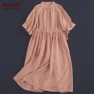 布朴家作2025夏季 设计感抽绳裙子 新款 文艺细皱纯亚麻连衣裙中长款