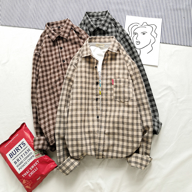 Spring casual frosted Plaid Shirt Men's long sleeve youth large loose men's shirt