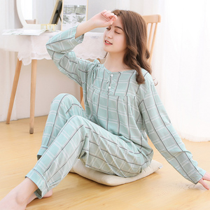 夏季绵绸睡衣女士长袖长裤人造棉月子服妈妈装棉绸家居服休闲套装