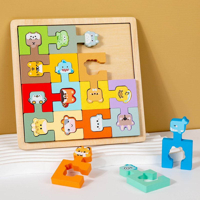 儿童木质动物拼图几何配对形状积木早教益智玩具宝宝拼板启蒙认知