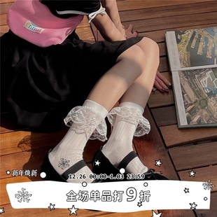 新款 LET 春季 SEE 日系软妹洛丽塔少女蕾丝花边拼接中筒袜