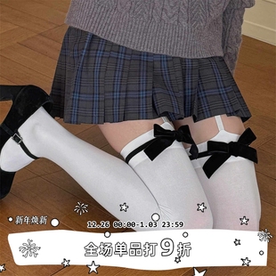 LET SEE原创亚文化白丝过膝袜条纹蝴蝶结天鹅绒吊带高筒女袜子