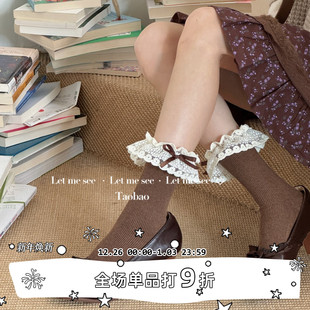 LET SEE少女甜妹中筒棉袜蕾丝花边ik洛丽塔蝴蝶结短袜女小腿袜