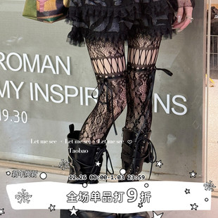 小众y2k显瘦连裤 LET 千禧辣妹复古丝带蝴蝶结蕾丝网袜 SEE 袜