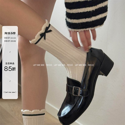 LET ME SEE 甜美蝴蝶结袜子少女白色花边无骨棉袜 中筒堆堆袜