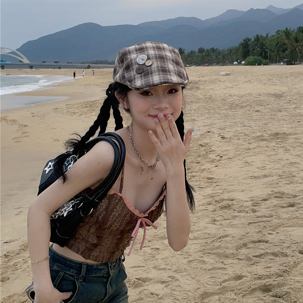 LET ME SEE 小众画家 y2k亚文化格子帽可爱复古纽扣前进帽春秋